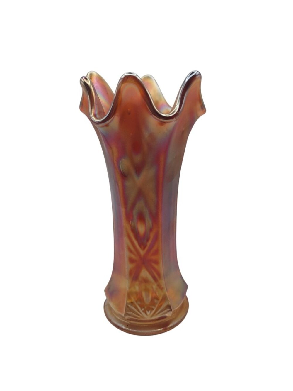 Fenton Carnival Glass Vase Paneled Diamonds & Bows Marigold Iridescent Antique